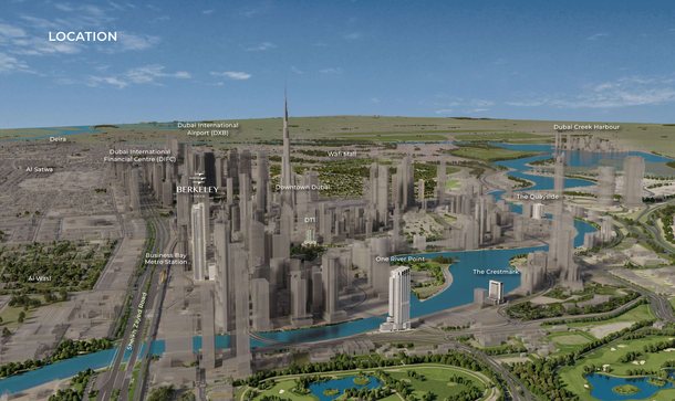 Map of Business Bay with Berkeley Tower on Sheikh Zayed Road, Downtown Dubai and DIFC